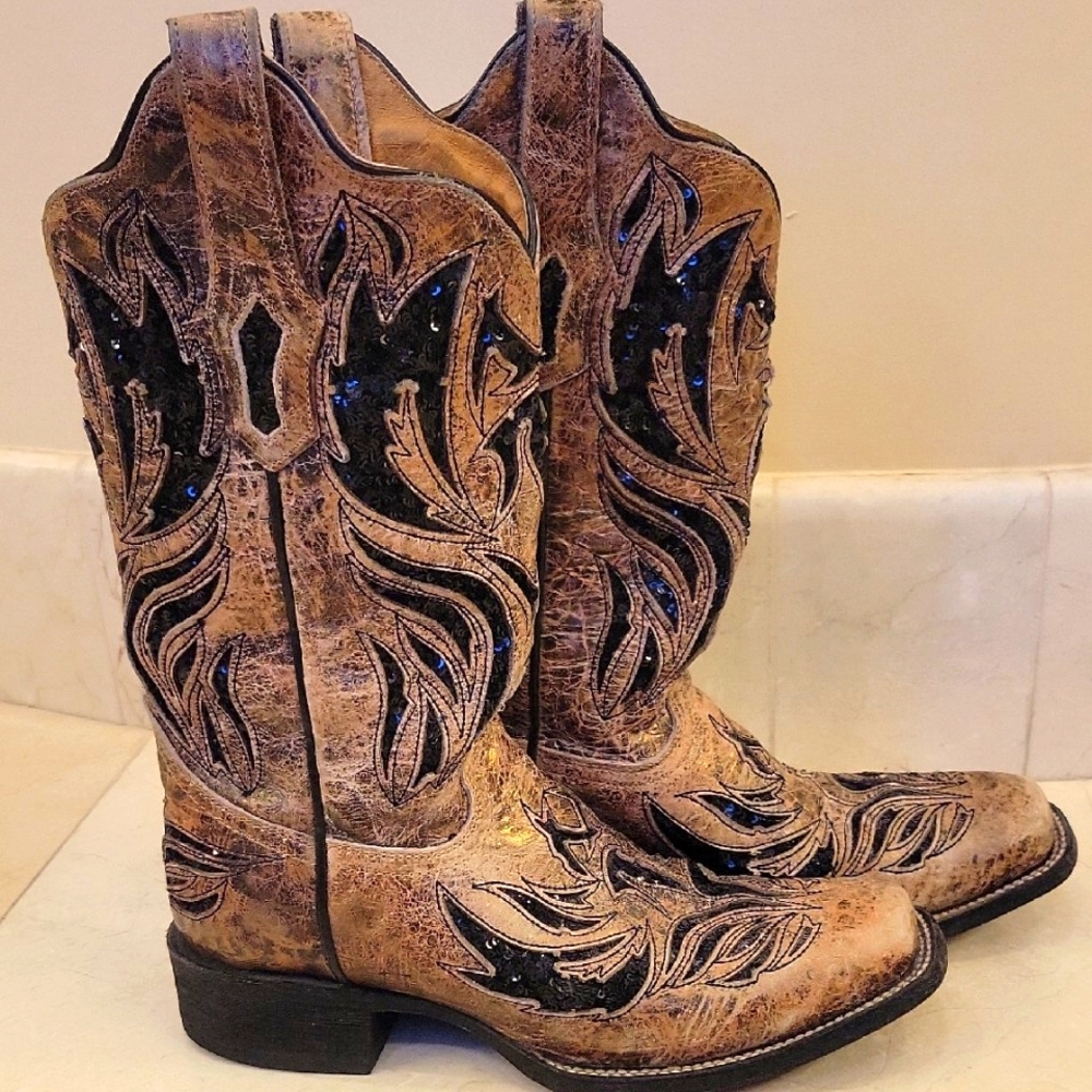 Corral Women's Western Cowboy Boots Black and Tan Leather, 7.5 - Picture 8 of 16